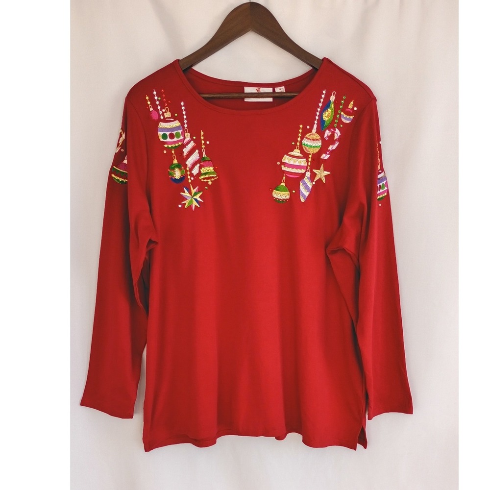 Quacker Factory Red Christmas Ornament Sequin Embroidered Top Long Sleeve 1X New